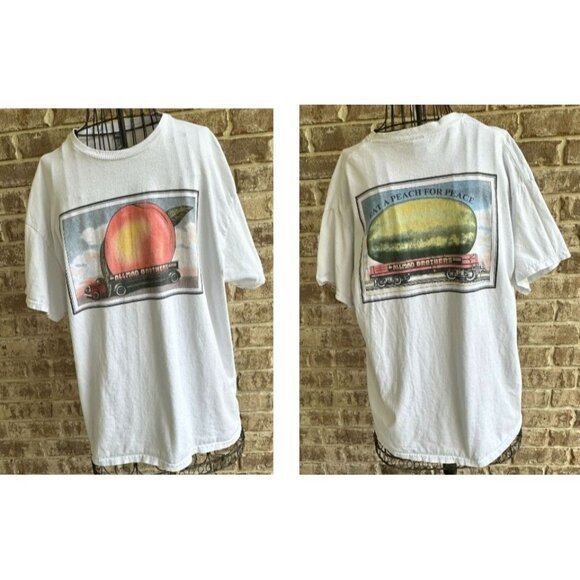 Vintage 90s Allman Brothers Eat Peach T Shirt XL Gildan White Brand Tee Concert - Picture 1 of 12